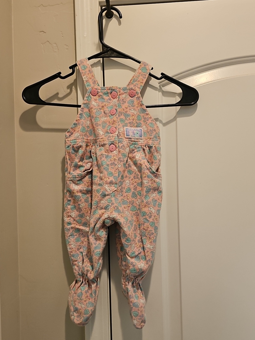 Vintage OshKosh B'gosh Peach Floral Footed Overalls with Teal Accents